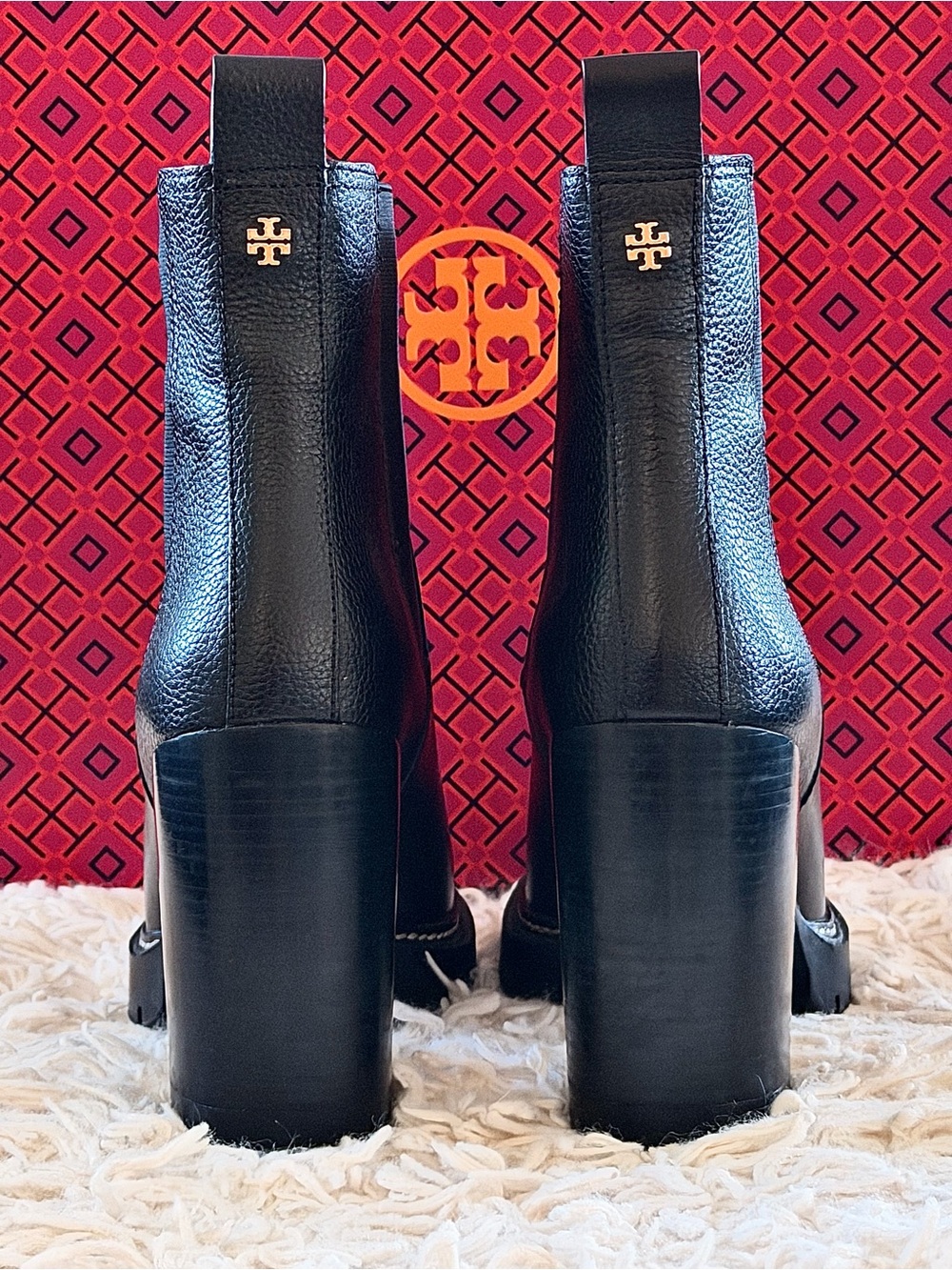 TORY BURCH Carson Lug Black Leather Block Heel 70 mm Booties (Size 8) - Like New